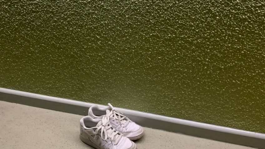 Paar schone witte sneakers op de vloer tegen een olijfgroene muur